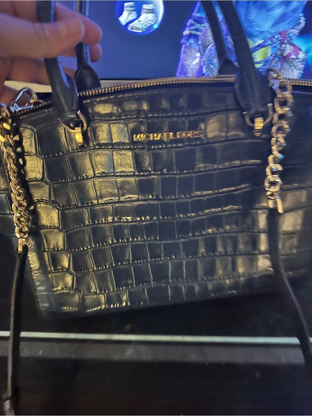 NWOT Michael Kors Croc Embossed Leather Bag Black Gold Chain Shoulder Crossbody - Picture 4 of 16